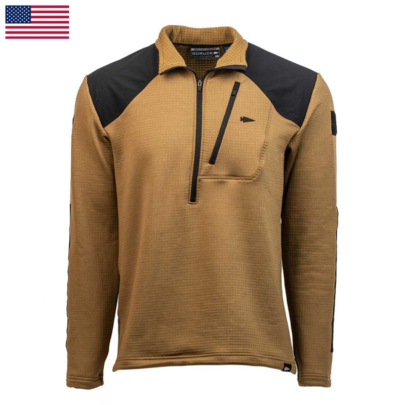 Tops Goruck Indestructible Grid Fleece Half Zip Men Khaki | FR-147250DZX